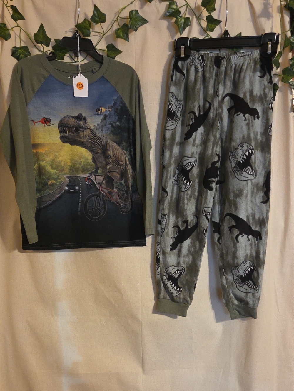 wonder nation Olive Green Dinosaur Pajama Set with Graphic T-Rex